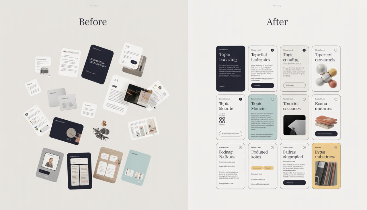 Before and after comparison of design elements on a white background