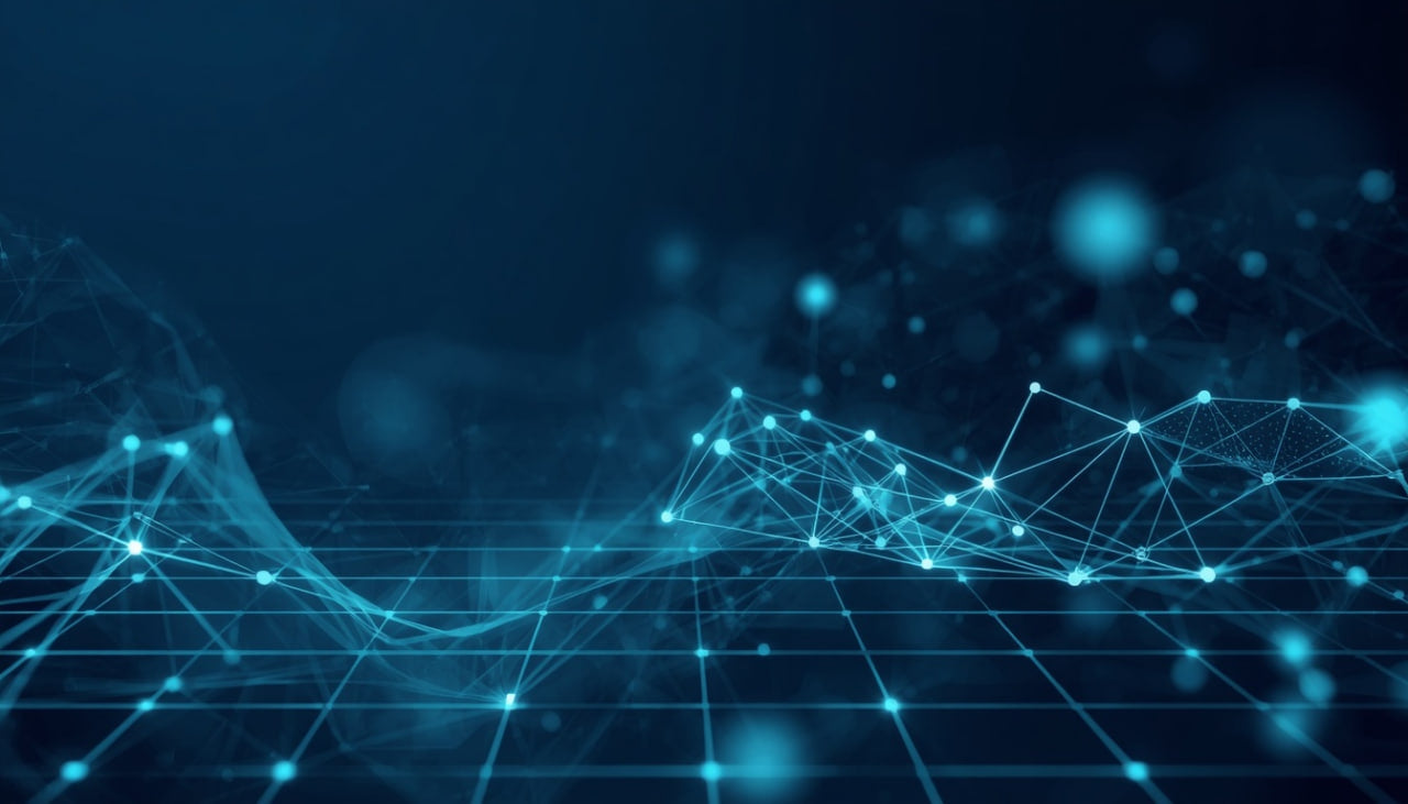 Abstract network or data connection design with blue lines and dots on a dark background