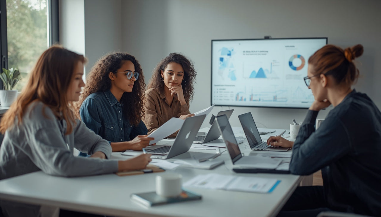 Group of women working on laptops around a table with a monitor displaying graphs.