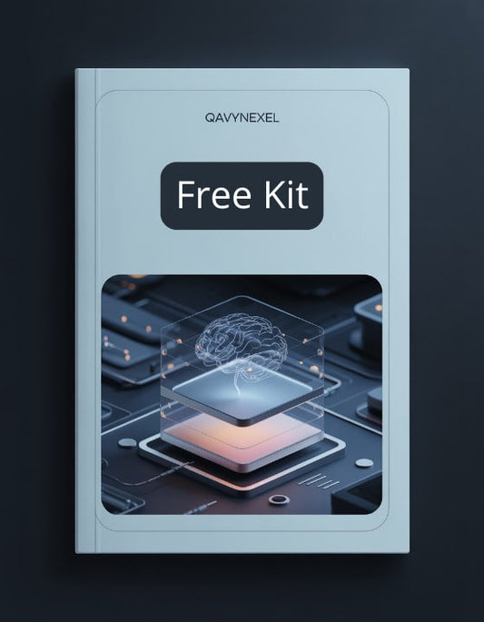 Qavynexel free kit cover with brain and circuit design on a dark background
