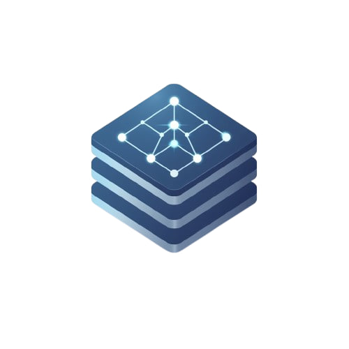 Stack of blue stacked squares with a network-like design on a white background