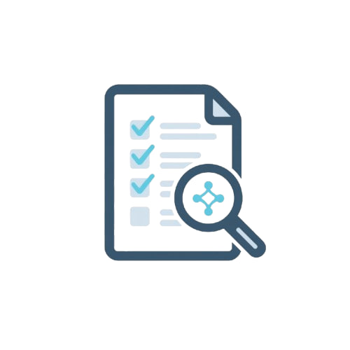 Icon of a document with checkboxes and a magnifying glass on a white background
