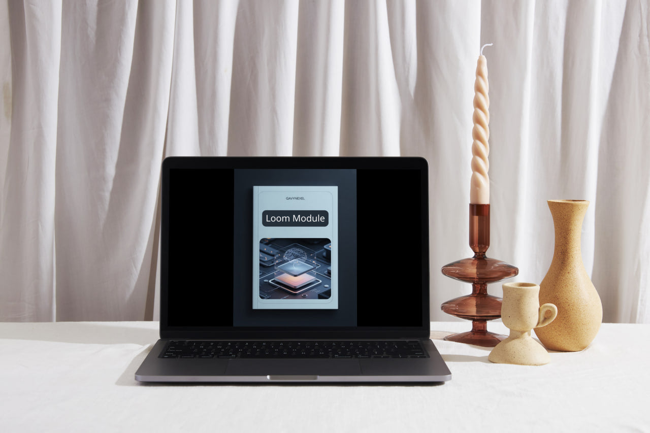 Laptop on a table with a screen displaying an app interface, surrounded by decorative items.