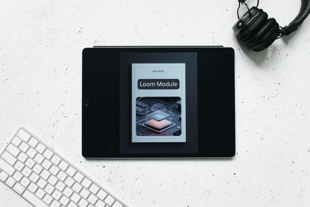 Tablet displaying a 'Loom Module' app on a white surface with headphones and keyboard.