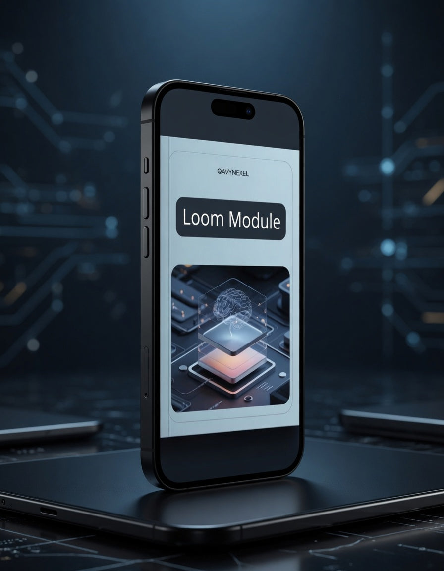 Smartphone displaying a 'Loom Module' app on a dark background with circuit design elements.