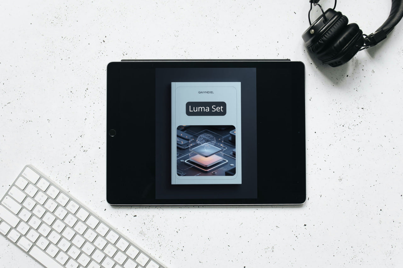 Tablet displaying a Luma Set app on a white surface with headphones and keyboard.