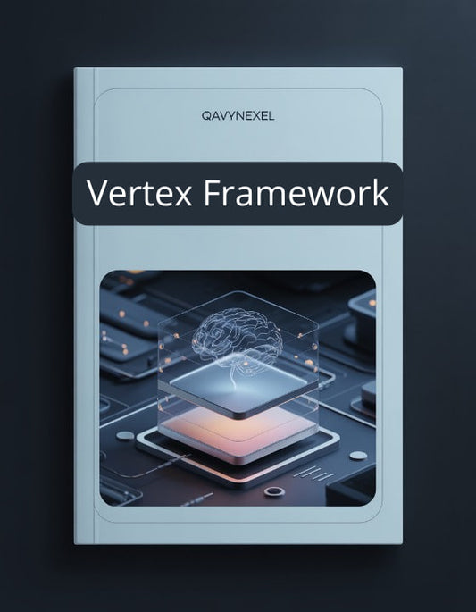 Book titled 'Vertex Framework' by Qavynexel with a futuristic design on a dark background